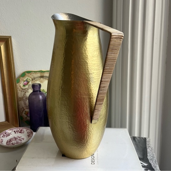 Anthropologie Hearthside Hammered Brass Tone Rattan Handle Pitcher Jug - Picture 2 of 10